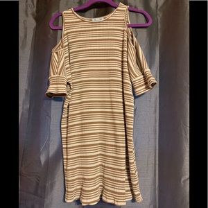 Cold shoulder cream and tan dress